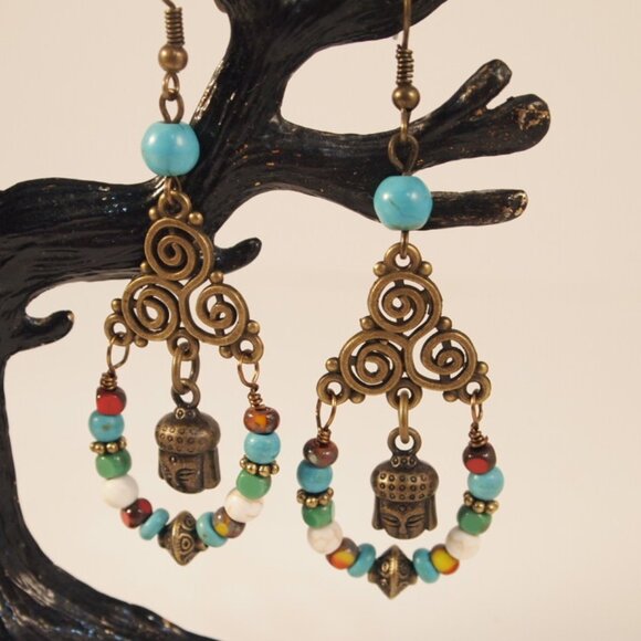 Handmade Buddha Chandelier Earrings Dangle Pierced or Clip-on Earrings - Picture 4 of 6
